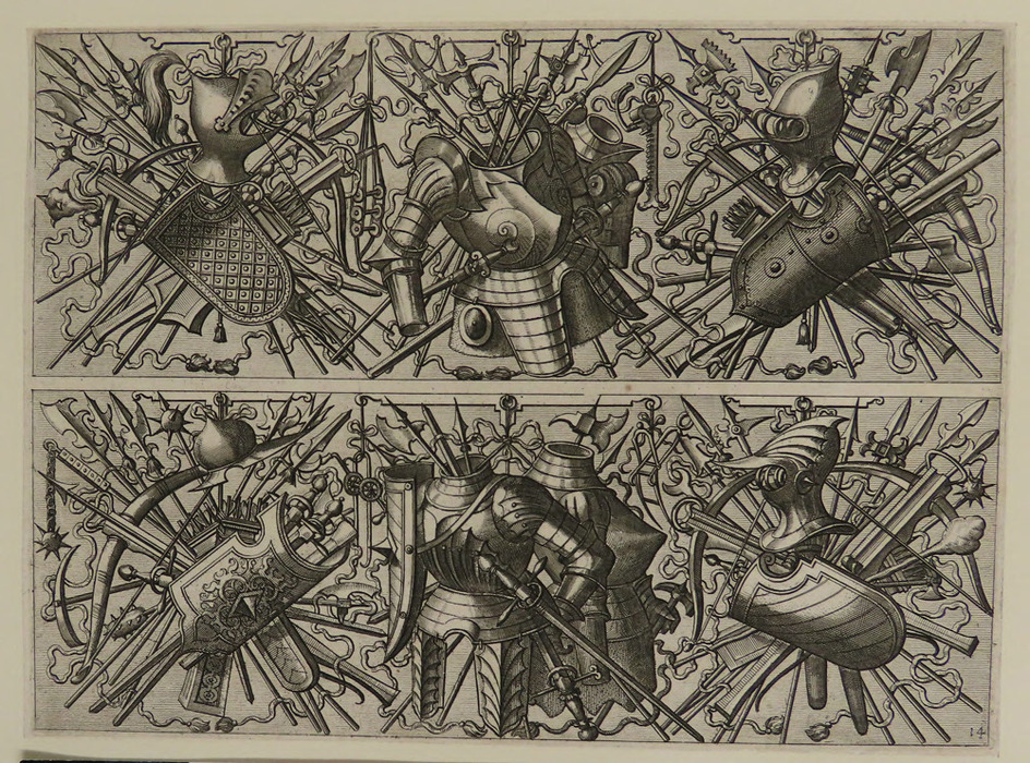 Plate 14: Two friezes of trophies consisting of helmets, shields, spears and crossbows, from Douce Ornament Prints Album II