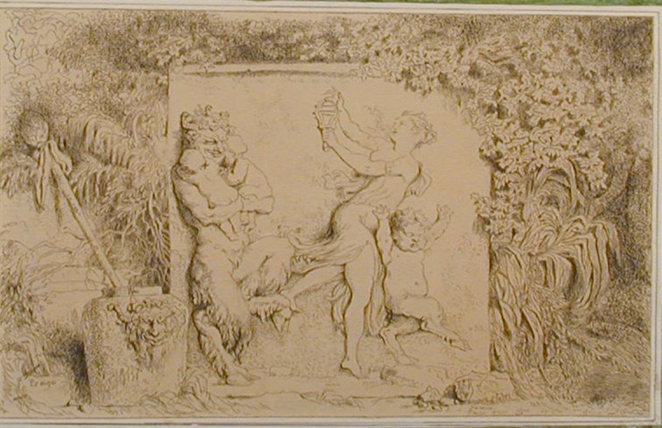 A bas-relief of a nymph, playing a sistrum, with satyrs