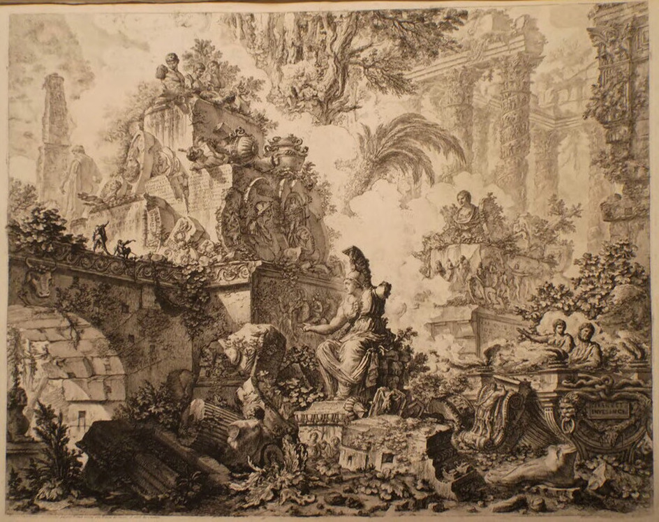 Imaginary ruins with a statue of Minerva at centre, column and carved fragments in foreground, columns in background at right