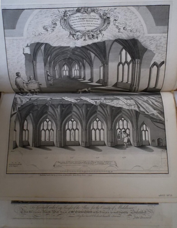 The inside perspective view of the Under Chappel of St Thomas within London Bridge from the west to the east end