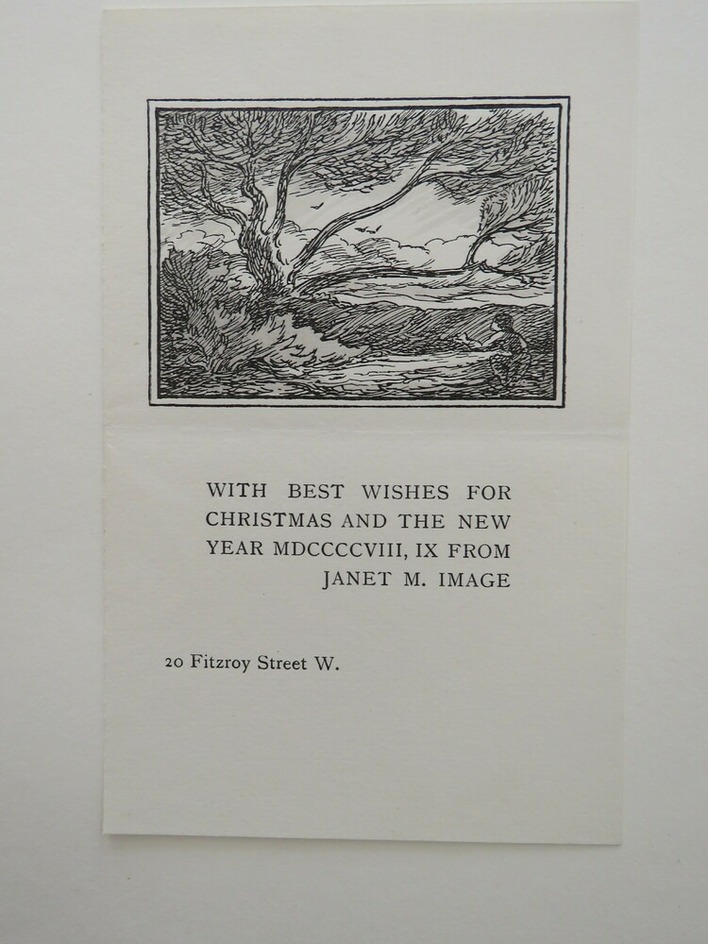 Christmas card for Janet Image 1908: kneeling figure with outstretched hand in front of a large tree in a wind-swept landscape