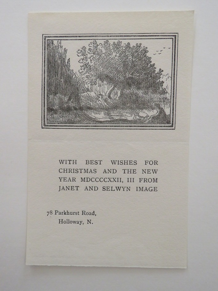 Christmas card for Janet and Selwyn Image 1922: woman with two children by a pond, with trees in the background