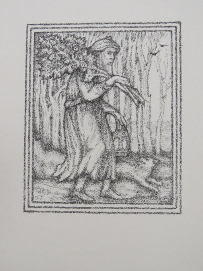 Christmas card design: St Nicholas carrying a Christmas tree and a lamp, walking through a wood with a dog