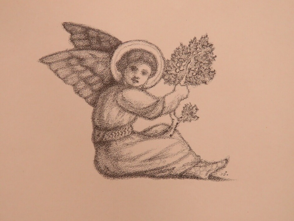 Christmas card design: Angel seated on the ground holding a sprig of holly