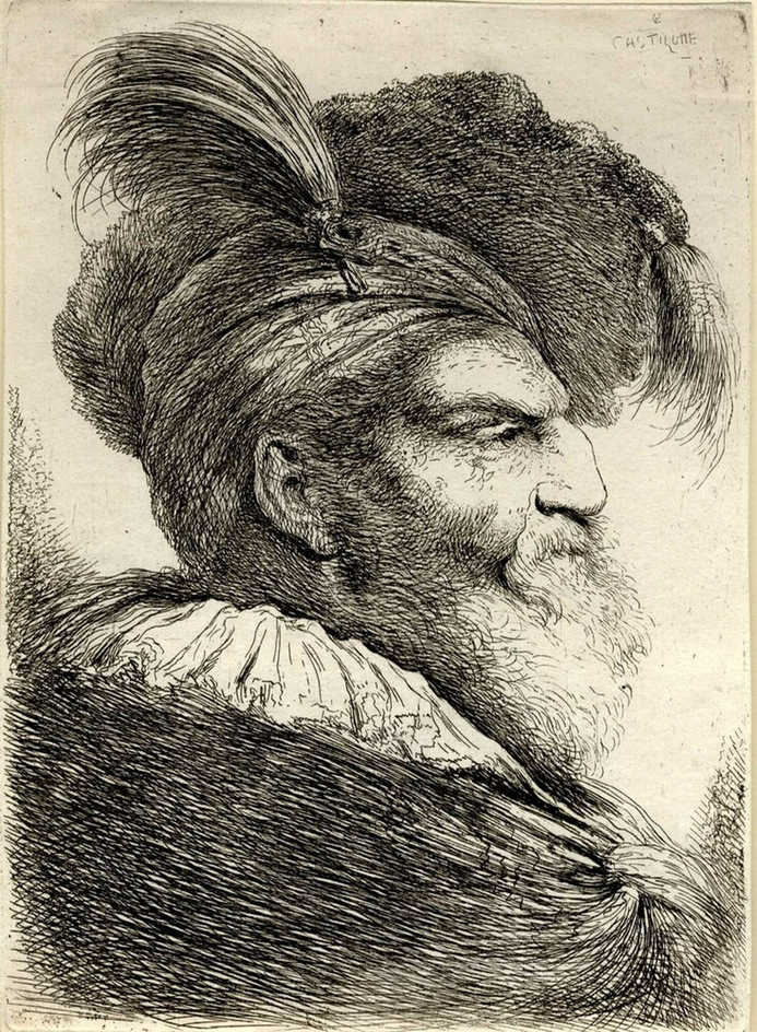 Man with a Long Beard, wearing a Headdress and Fur Cap, facing right