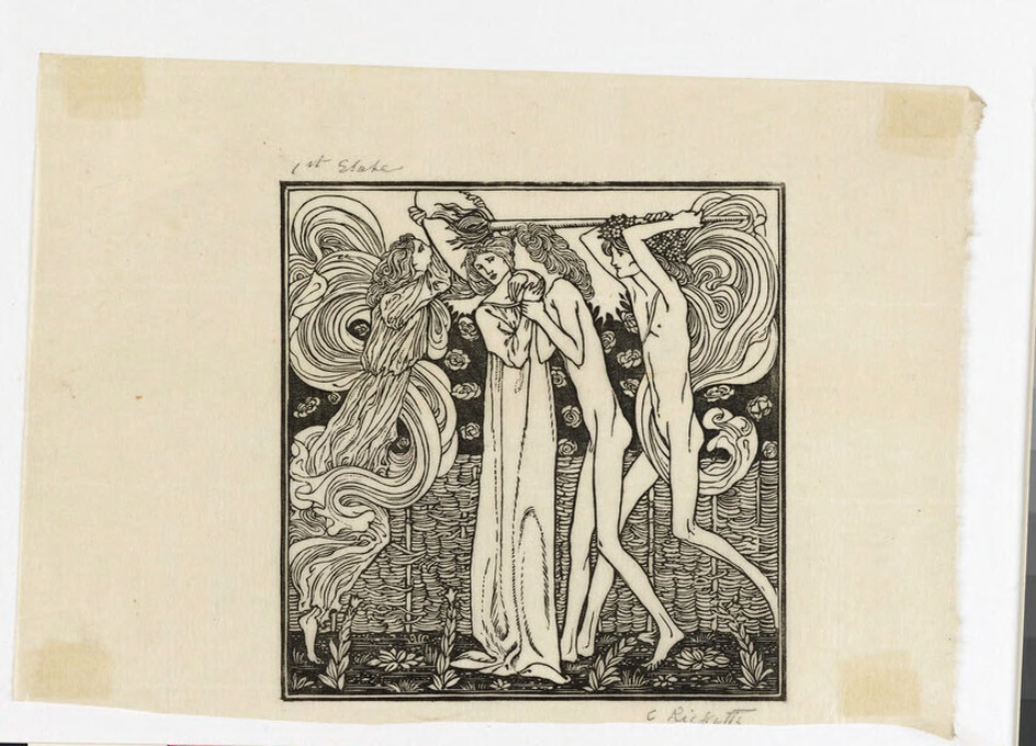 Man and woman kissing, man holding torch, woman holding plate