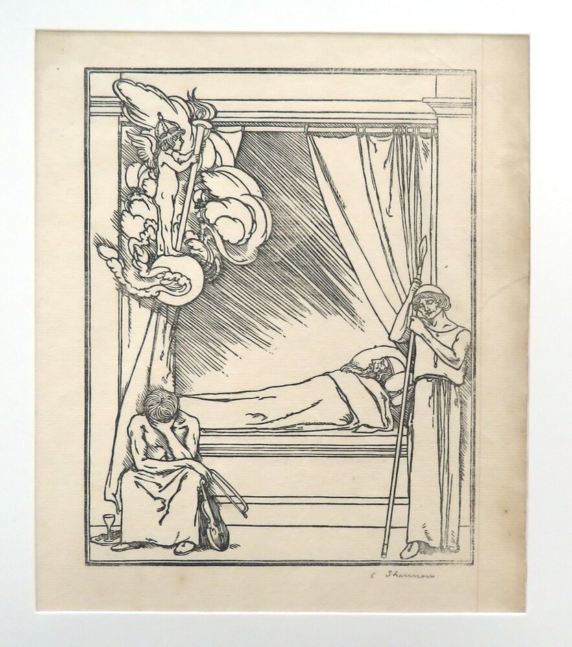 Bearded man in bed, soldier and musician alongside, winged child