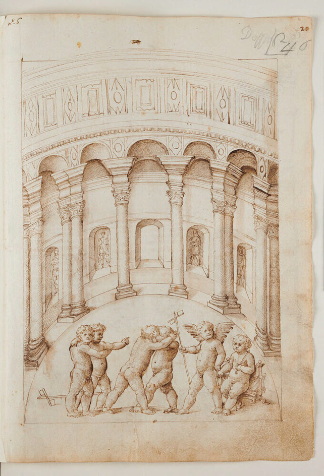 Recto: Interior of the Mausoleum of Santa Costanza with a group of  boys  
Verso: Interior of the Colosseum with architects in conversation