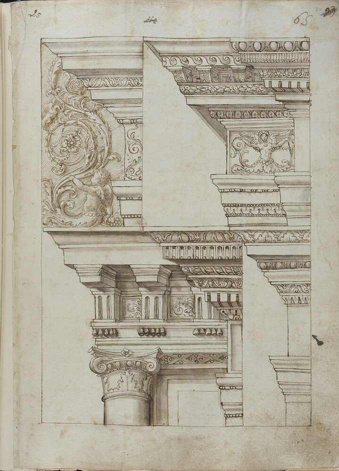 Recto: Six classicizing entablatures and a Decorative motif 
Verso: blank, page framed