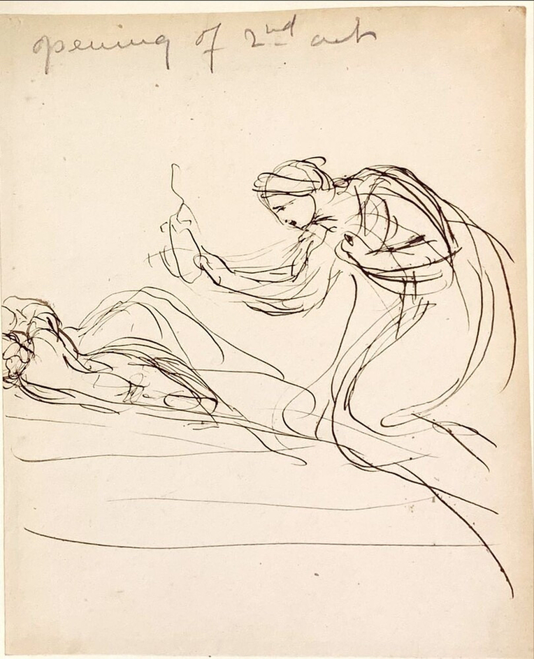 Theatrical Sketches, Opening of 2nd Act, The Heroine kneels over a sleeping person, holding an object