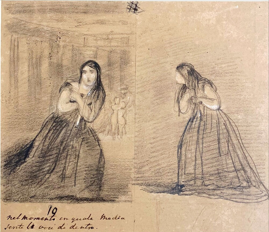 Theatrical Sketches, Two sketches of Madame Pasta as Medea in black, leaning inwards with arms crossed, with columns in background in left hand sketch