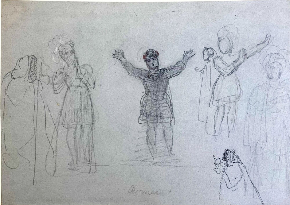Theatrical Sketches, Madame Pasta as Romeo, centre stage with chorus and black figure beckoning at lower right