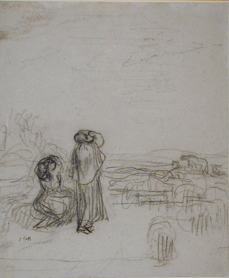 Recto: Two women, one seated, the other standing, looking towards upper right
Verso: Figure studies, including three studies of men carrying faggots
