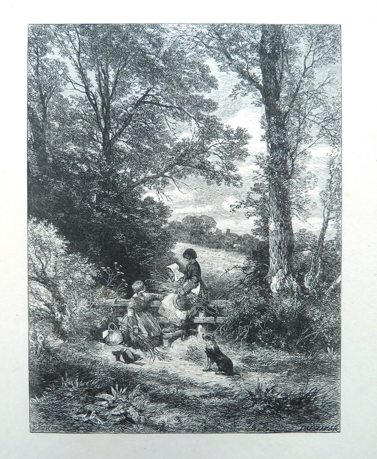 English Landscape: three girls and a dog by a stile in a wooded landscape