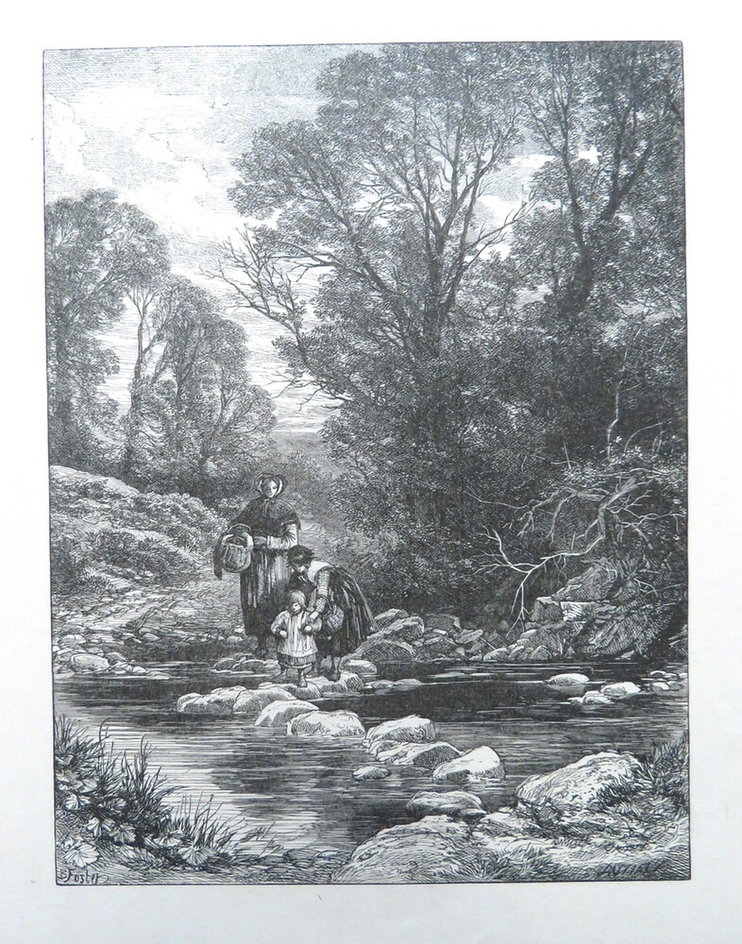 English Landscape: a woman and two children crossing a river by stepping on large boulders
