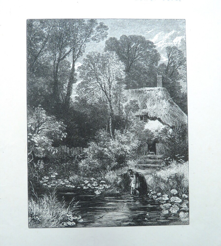 English Landscape: summer scene with young woman filling a pitcher from a stream, low-flying swallows and cottage and trees in the background