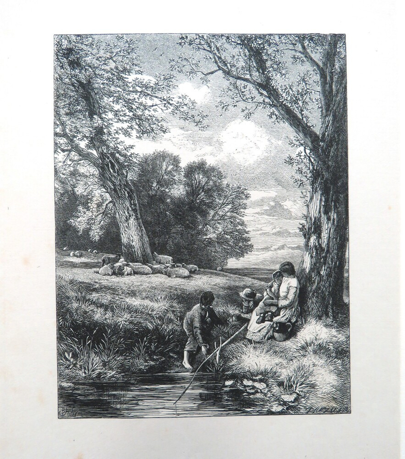 English Landscape: children playing in a stream with flock of sheep and trees in the background
