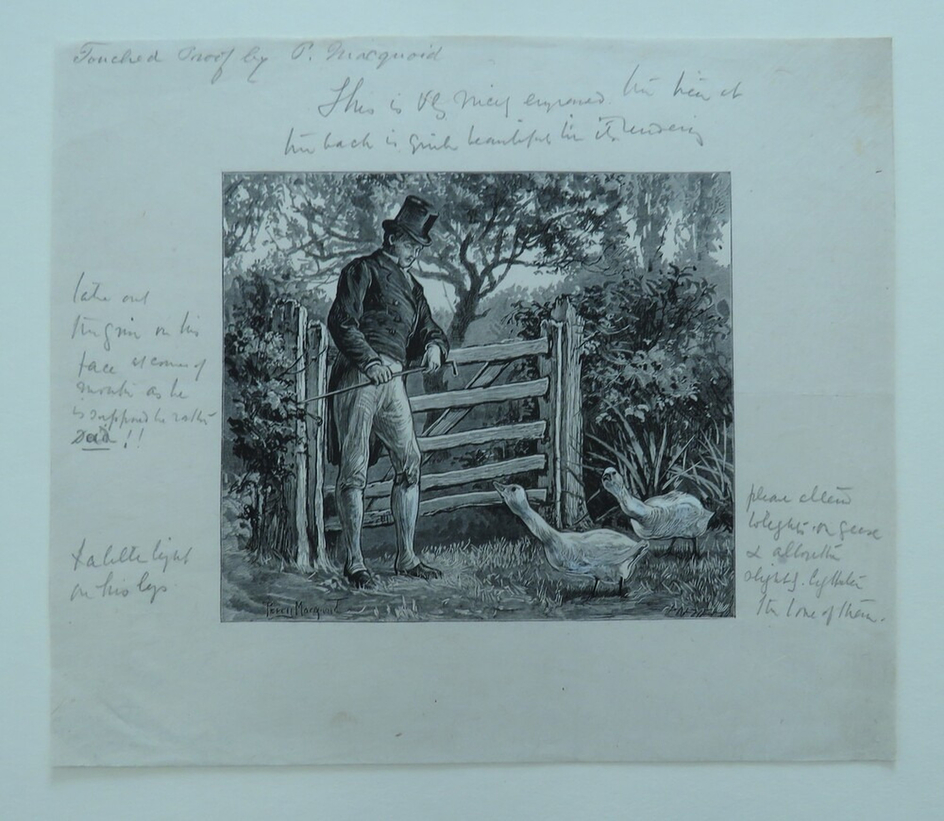 Illustration: a gentleman leaning on a country gate, with two geese approaching