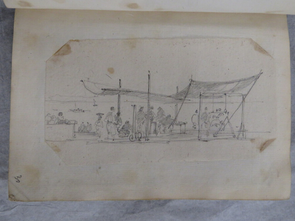 View of the Sea with Figures seated beneath a Canopy in the foreground