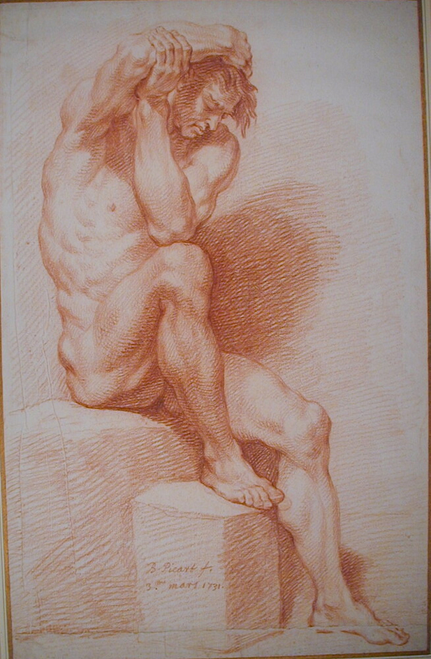A male nude, seated on a block facing right, with his right arm bent over his head