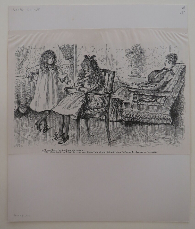 Scene with a sulking Girl seated on a Chair, with another Child and an older Lady beside her