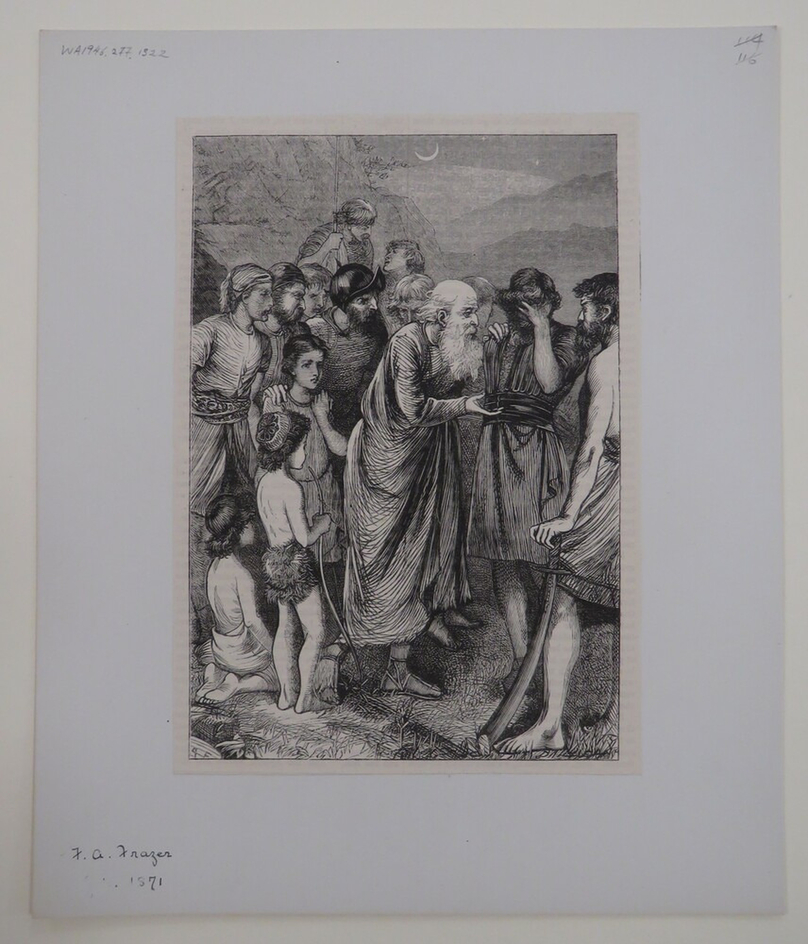 Scene of a distraught Man, consoled by an Elderly man surrounded by a group of Onlookers