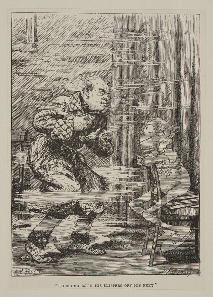 Scorched both his slippers and his feet