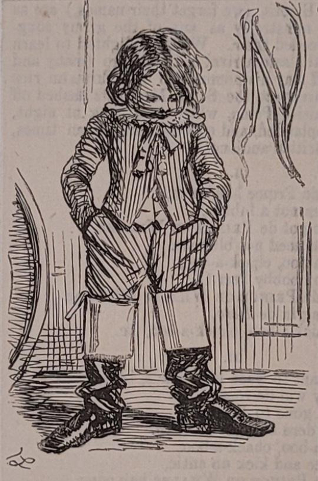 An elegantly dressed boy standing, with his hands in his pockets