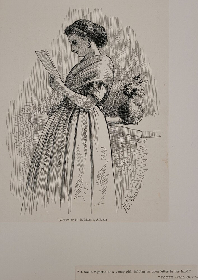 'It was a vignette of a young girl, holding an open letter in her hand.'
'TRUTH WILL OUT.'
