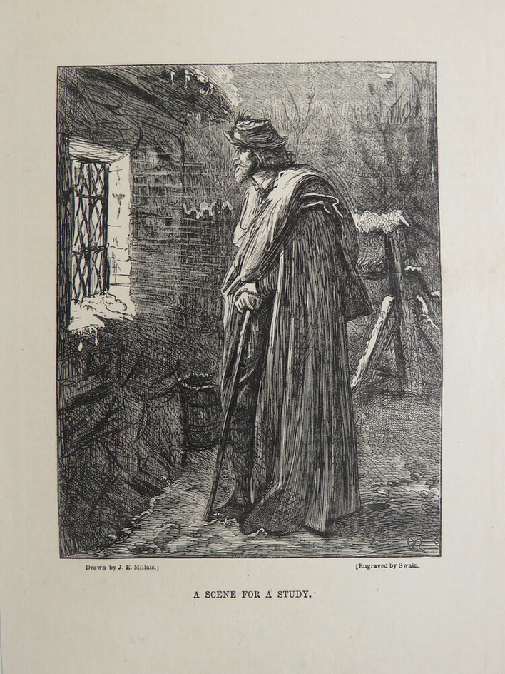 A Scene for a Study: man in a cloak leaning on a staff, standing outside a cottage window