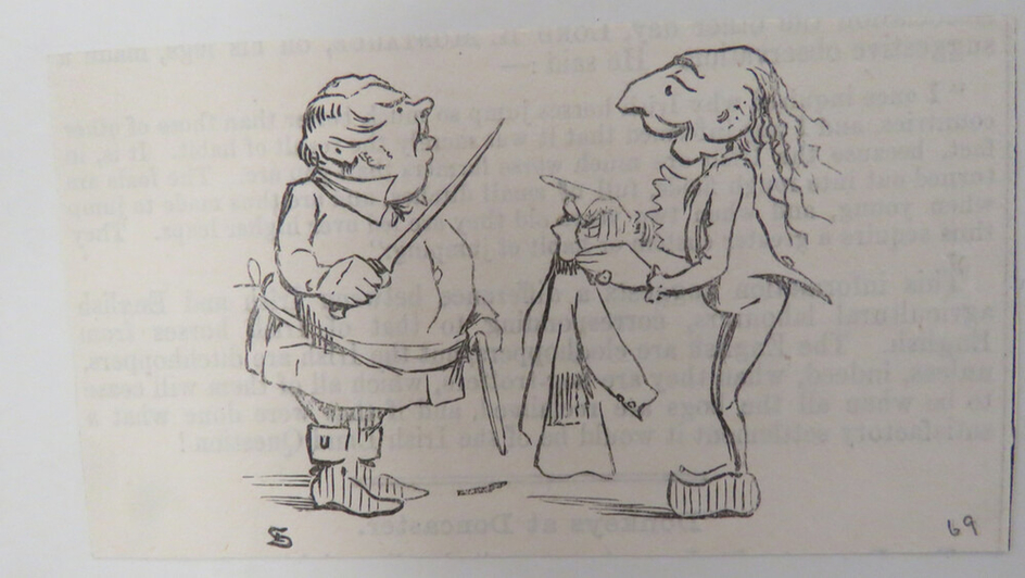 Caricature of two men talking, one holding a sword