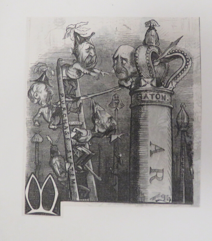 Caricature of several men climbing a ladder on which is written 'purchase system'