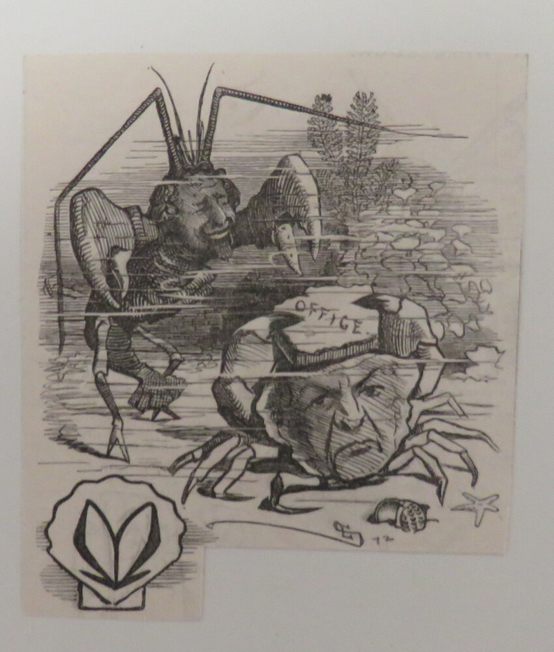 Caricature of two anthropomorphic crabs one of them carrying a rock on his head with the word 'office' written on it