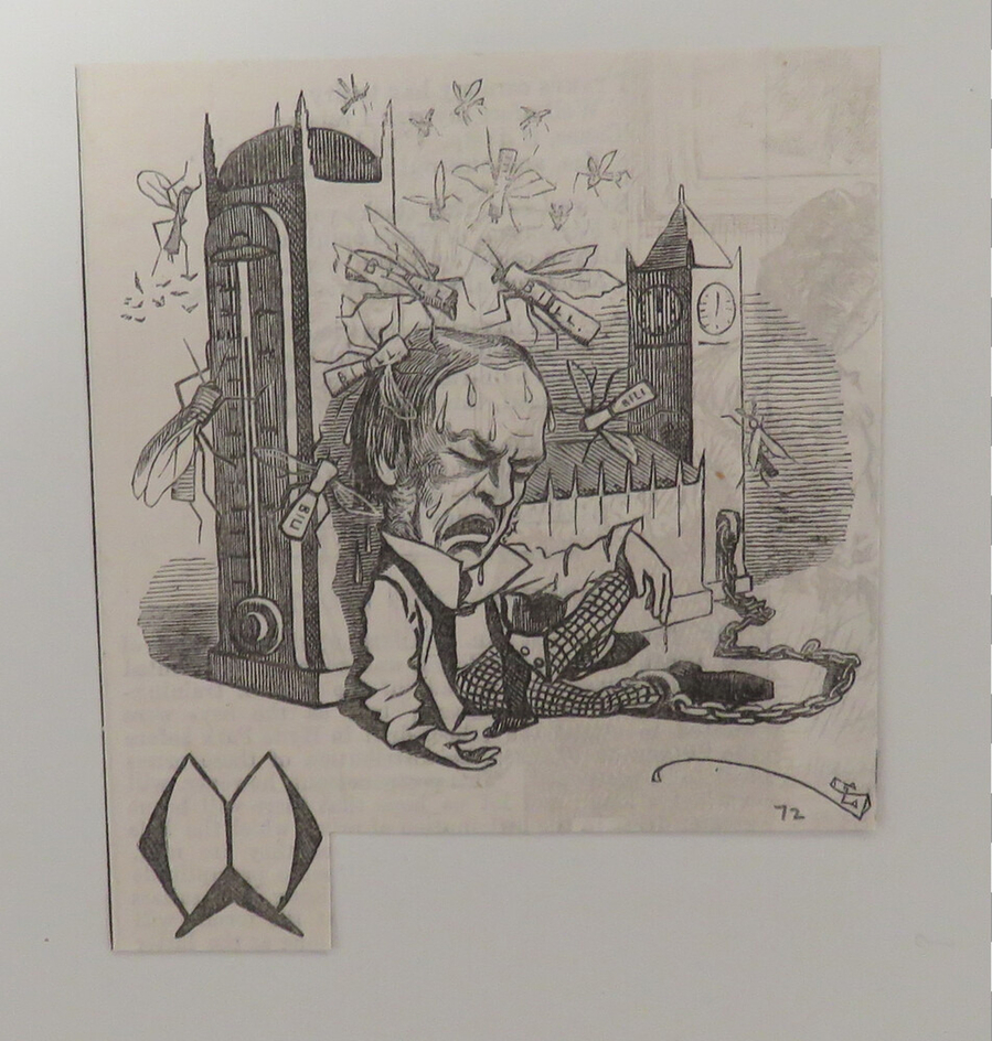Caricature of a man chained to the House of Parliament