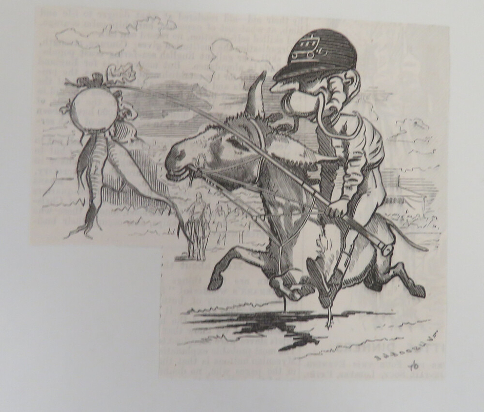 Caricature of a rider on a donkey's back dangling a bunch of carrots in front of the animal