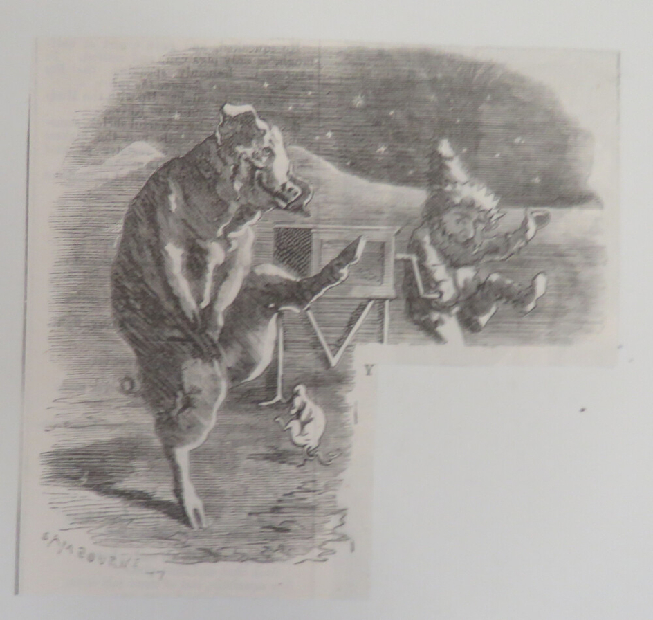 Caricature of a man, a pig and a mouse dancing