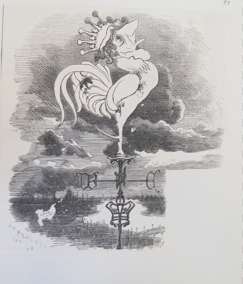 Caricature of an anthropomorphic cockerel