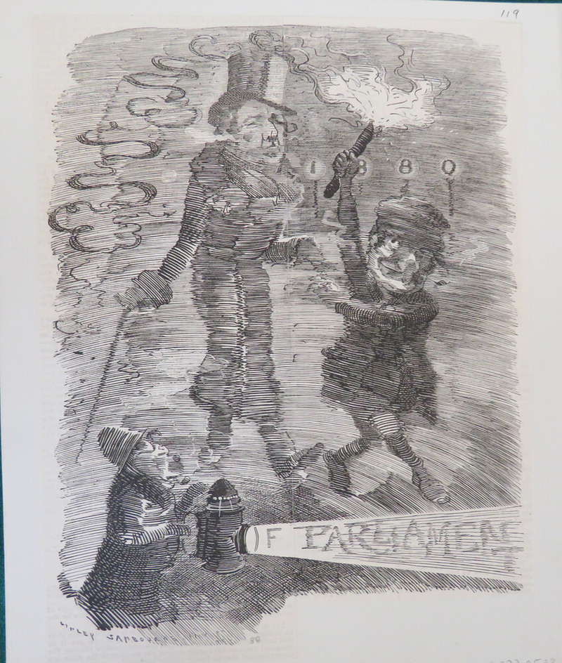 Caricature of three men in thick fog