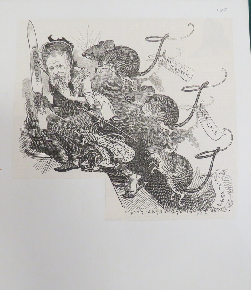 Caricature of a man dressed in lady's clothes followed by three mice