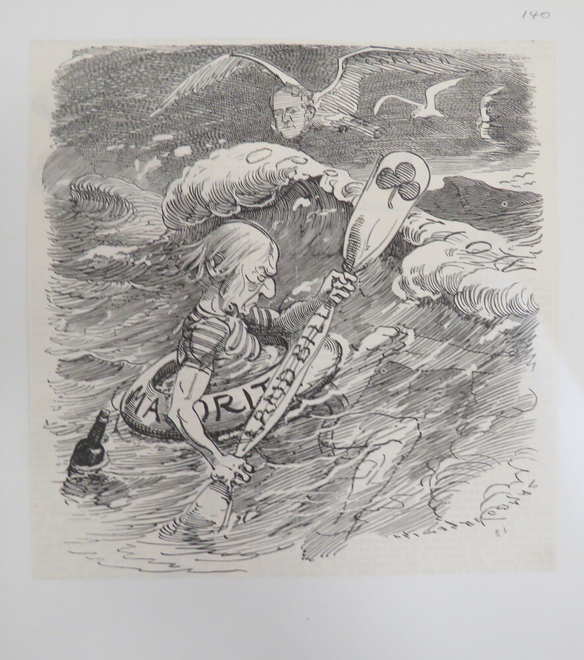 Caricature of a man paddling in very rough seas with an anthropomorphic bird flying over