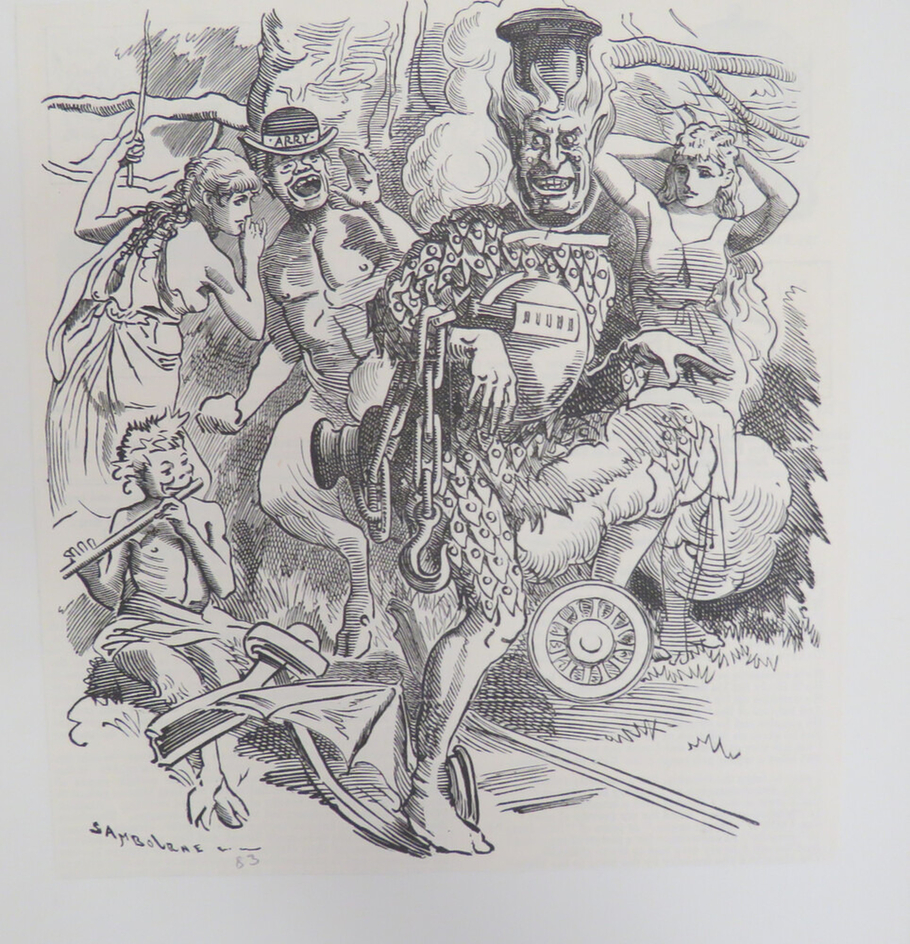 Caricature of a devilish looking anthropomorphic man surrounded by several anthropomorphic creatures