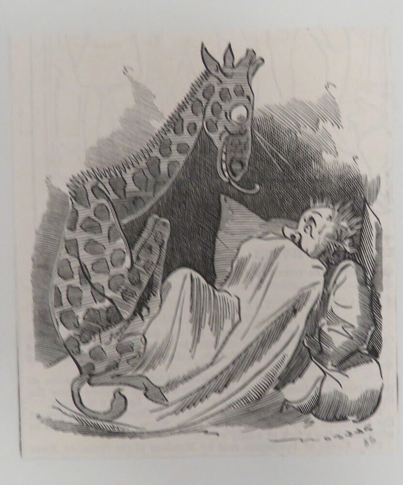 Caricature of a giraffe looking amorously at a frightened man in bed