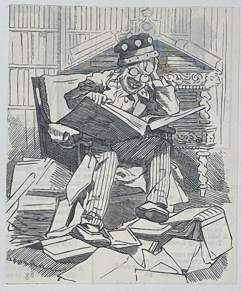 Caricature of a man surrounded by books reading in an armchair, wearing a crown on his head