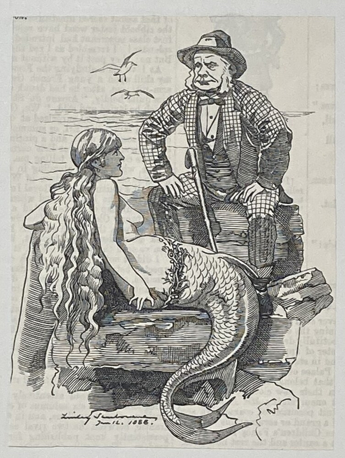 Caricature of a man seating opposite a mermaid