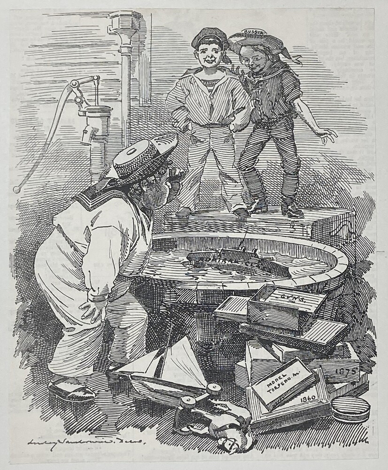 Caricature of three children playing around a water tub