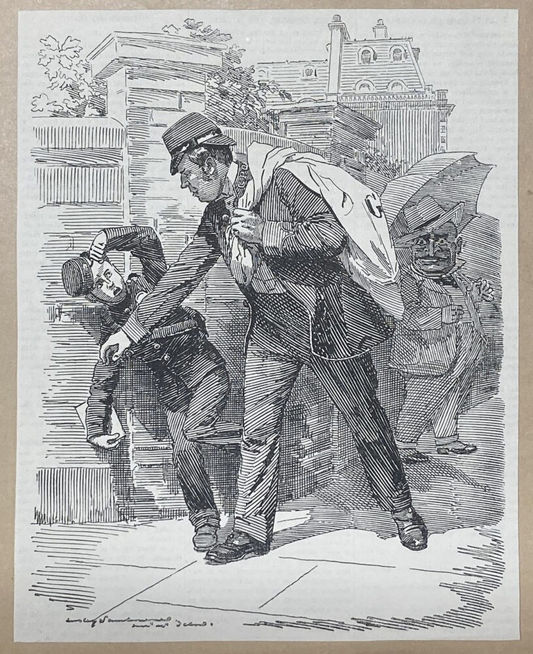 Caricature of a bellboy trying to hide a letter from a postman, while a gentleman is looking from the back
