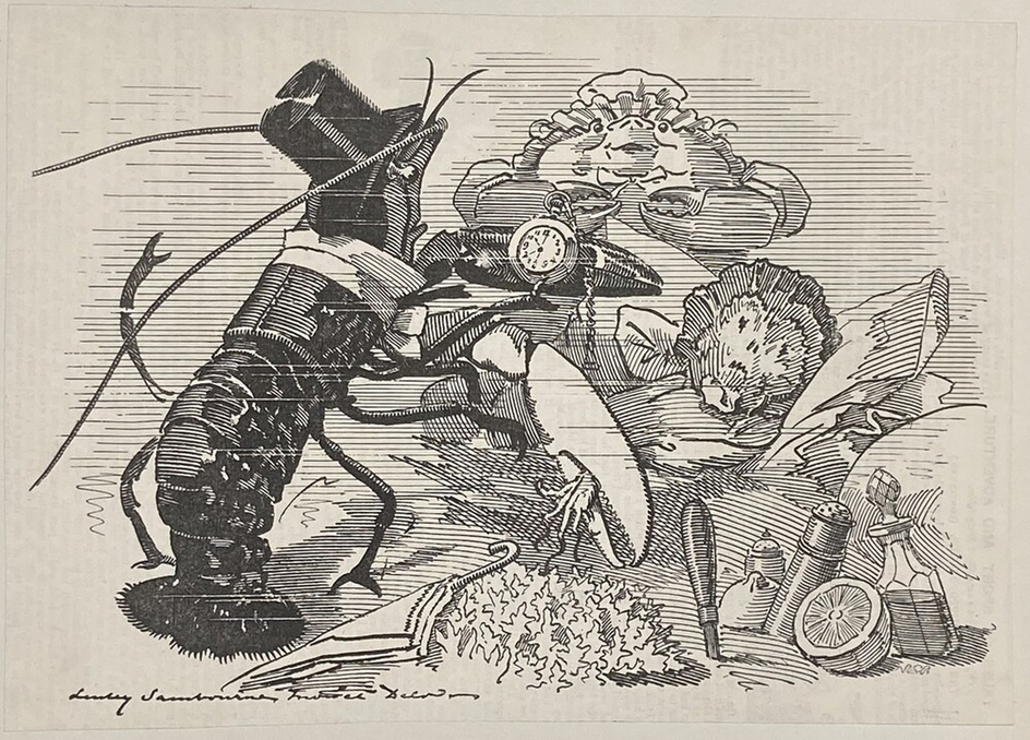 Caricature of a lobster and a crab dressed respectively as a gentleman and a lady surrounded by cooking ingredients