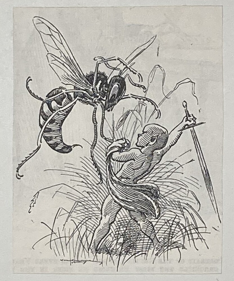 Caricature of a tiny fairy-like boy trying to sleigh a wasp-like insect with a sword