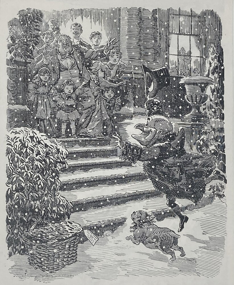 Caricature of a man being greeted by a family on their doorstep