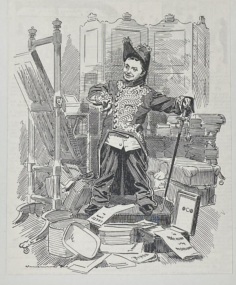 Caricature of a short man dressed in oversized army attire standing on top of a box and admiring himself in a mirror